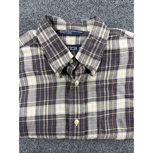 Nautica Shirt Mens Medium Brown Blue Plaid Button Down Long Sleeve Cotton Casual - Picture 14 of 14